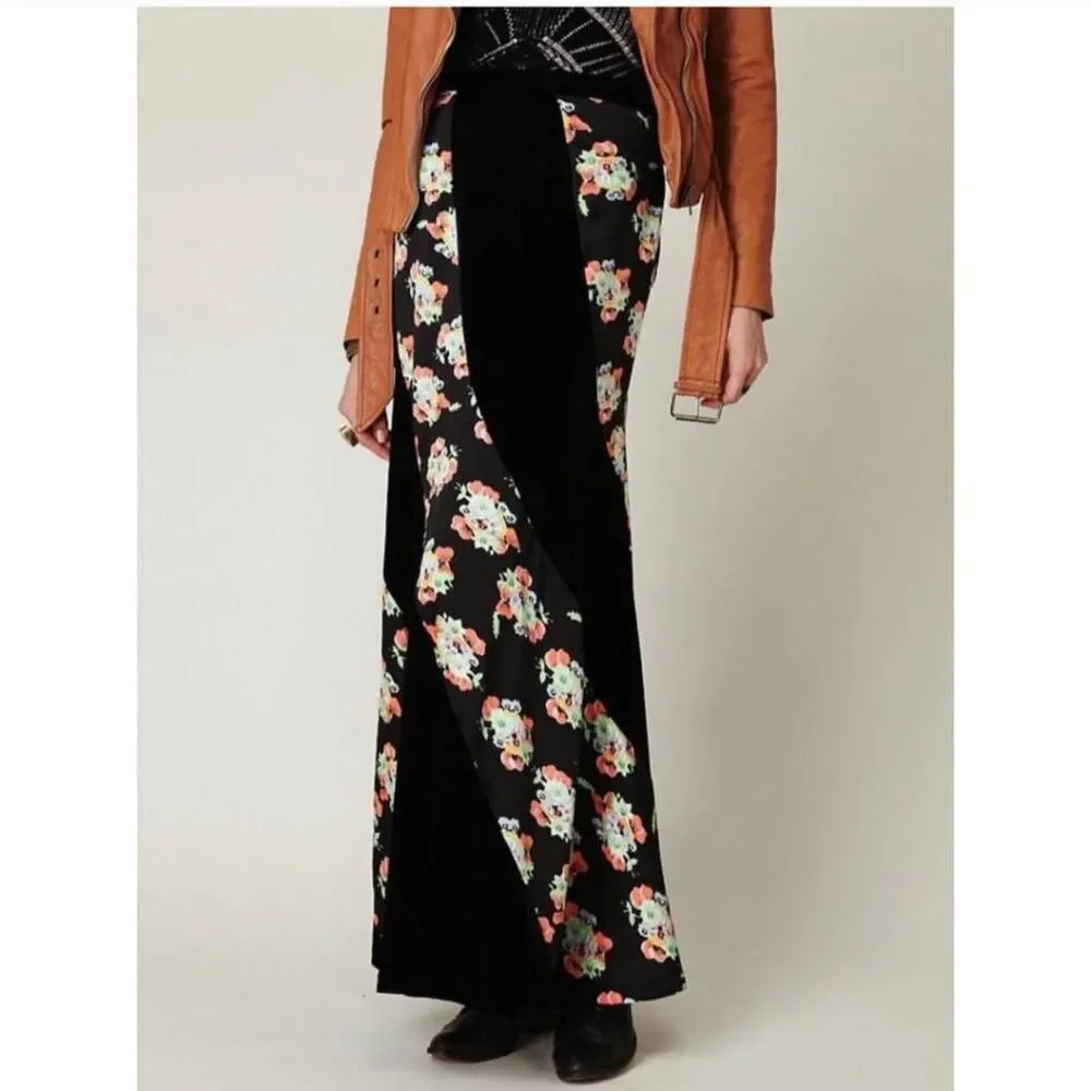 Free people size 8 twisted floral satin black velvet maxi skirt new - Picture 2 of 7